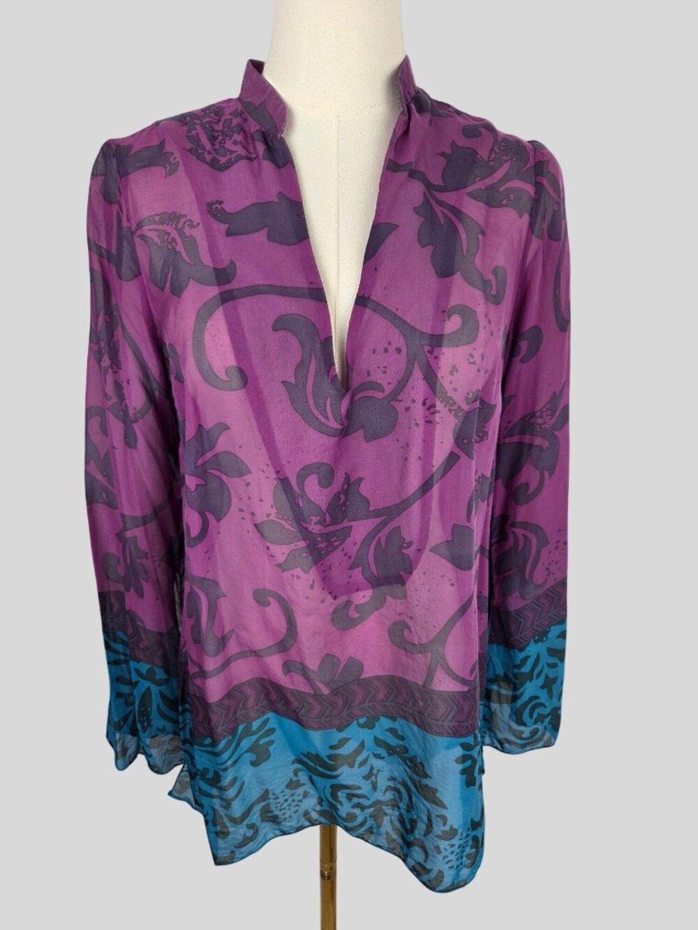 Hale Bob Lounge Silk Tunic Top S Long Sleeve Purple Teal Floral Boho Artsy Flowy